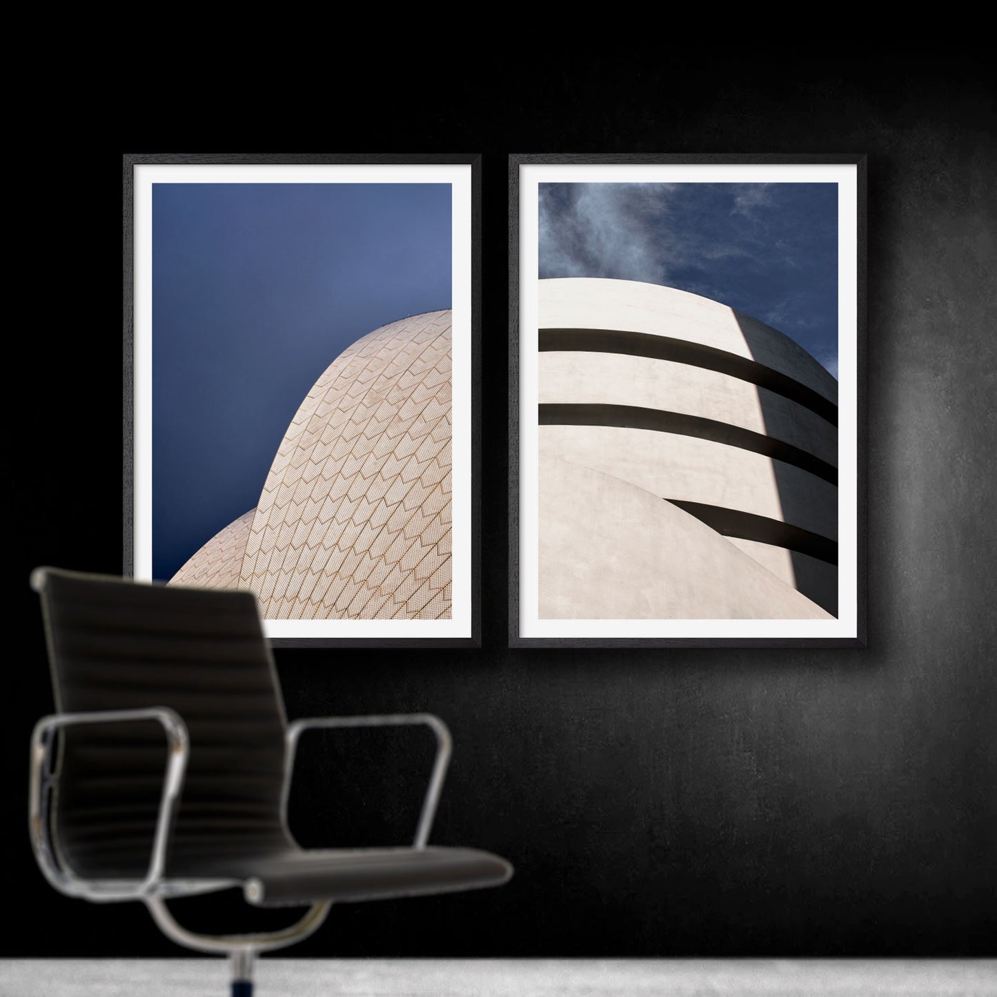 to arkitekturplakater med Sydneyoperaen og Guggenheim