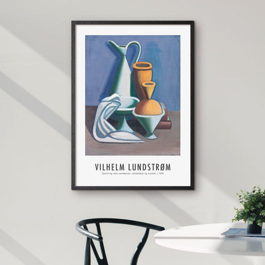 Art poster with Vilhelm Lundstrøms "Opstilling med Vandkande Håndklæder og Krukker"