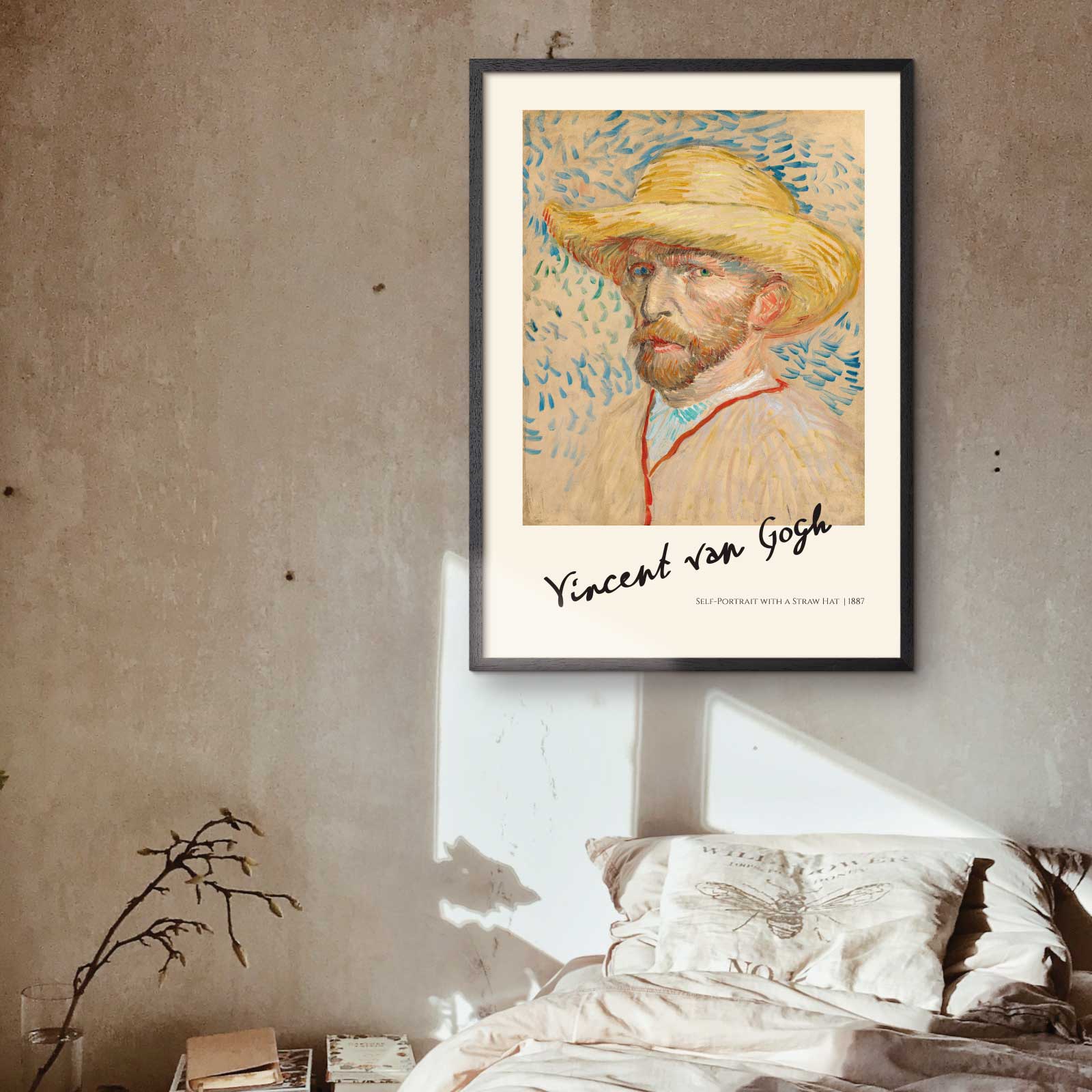 Art poster with "Self portrait with straw hat" by van Gogh