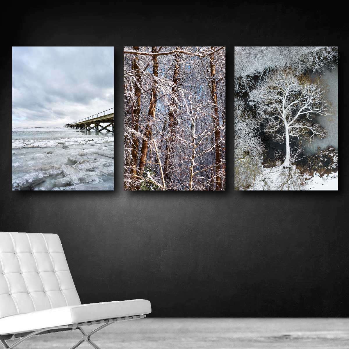 væg med billeder med vintermotiver fra Danmark