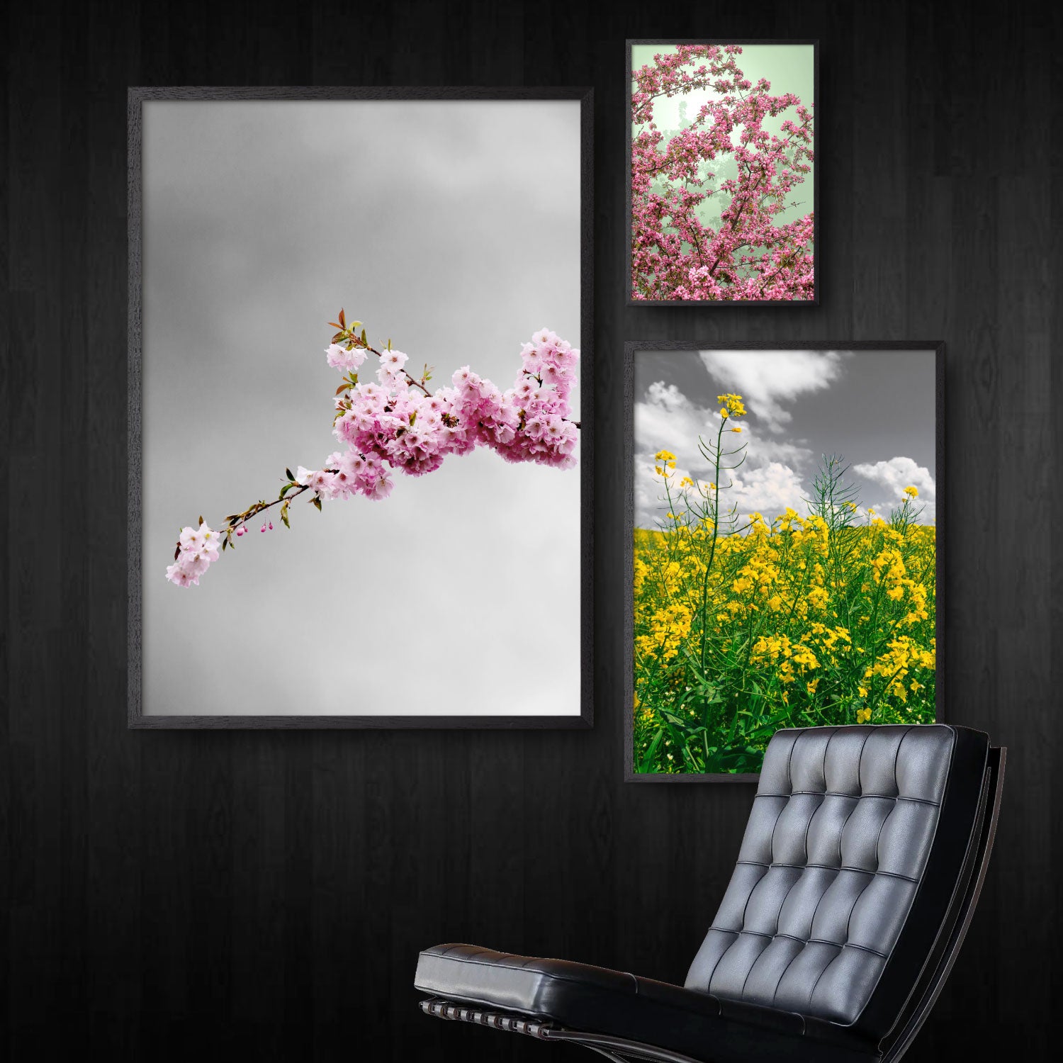 billedvæg med blomsterplakater i forårsfarver