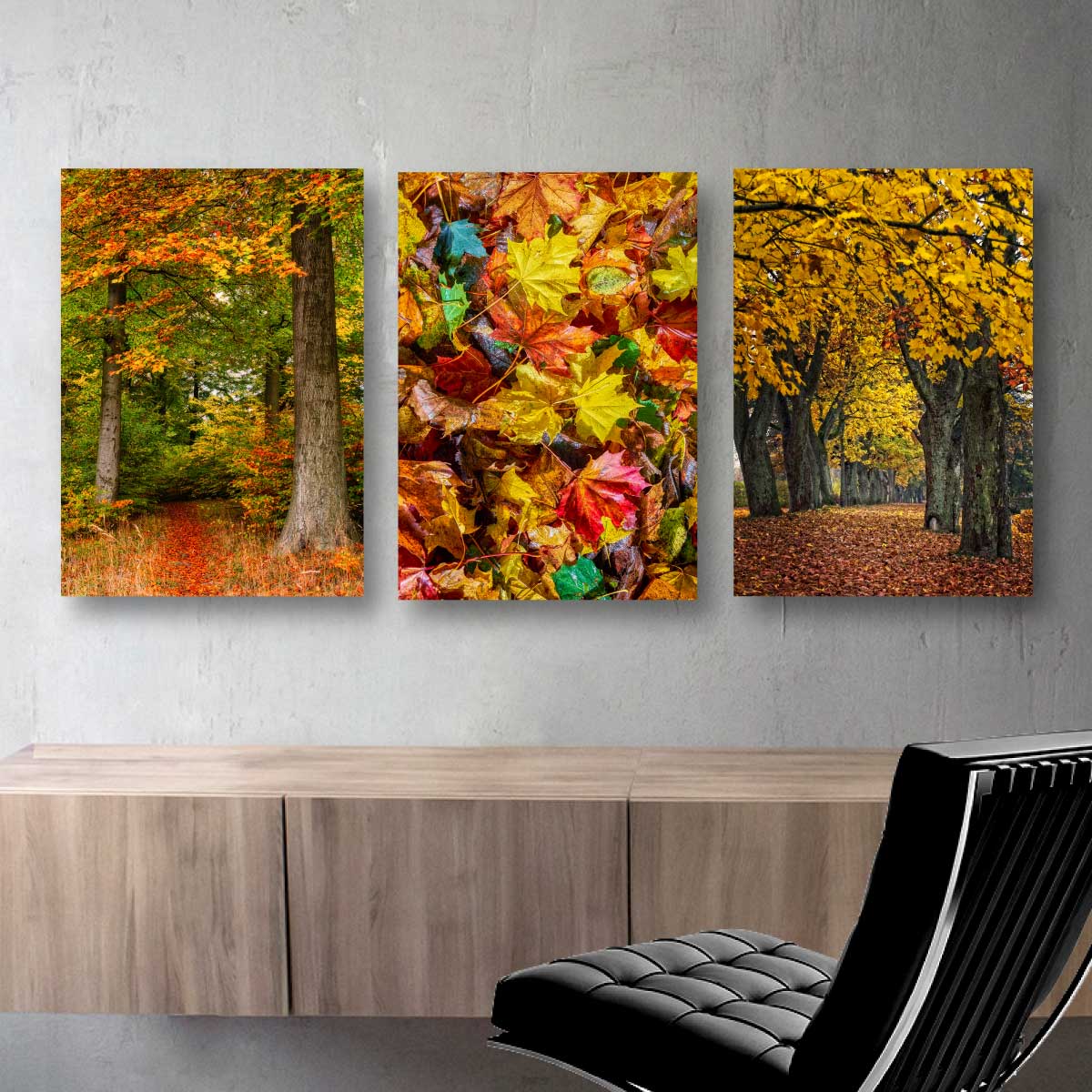 billedvæg med tre gule plakater med efterårsmotiver