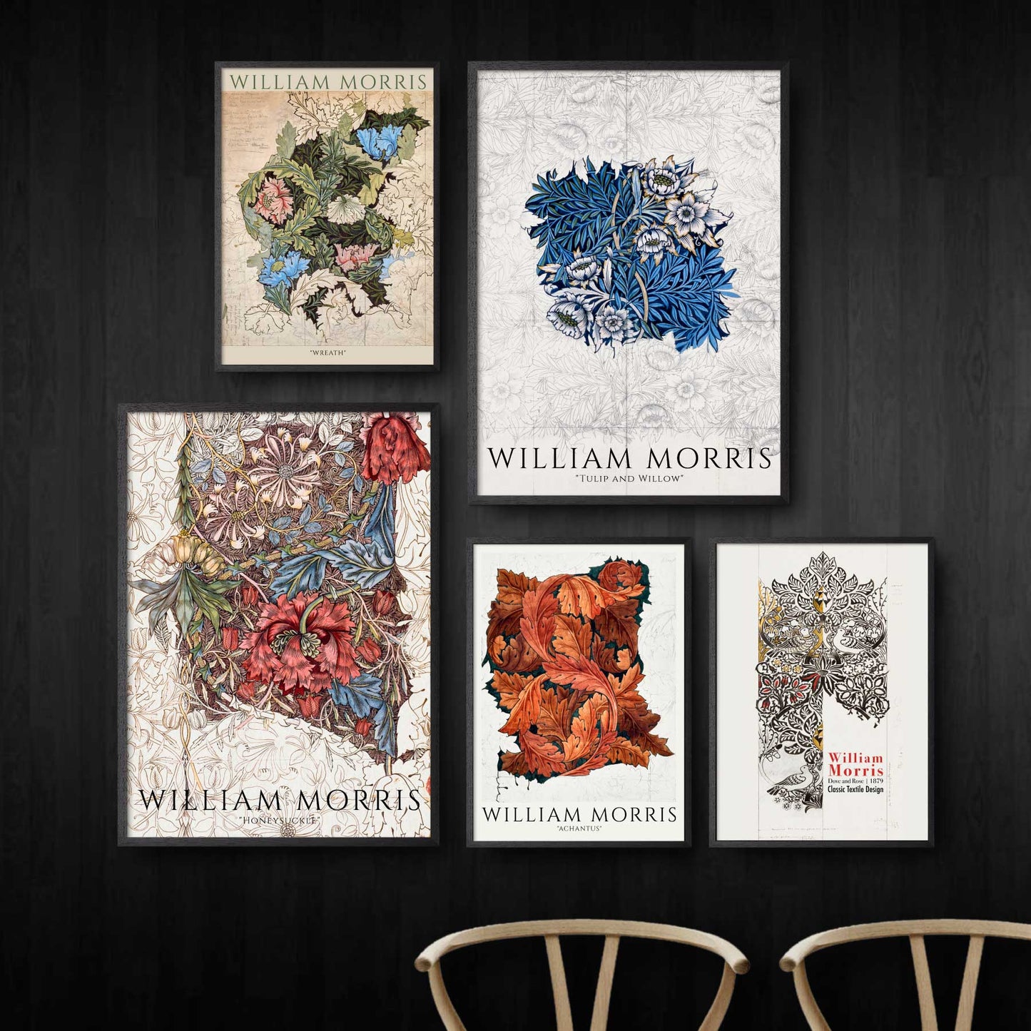 Billedvæg med fem William Morris plakater