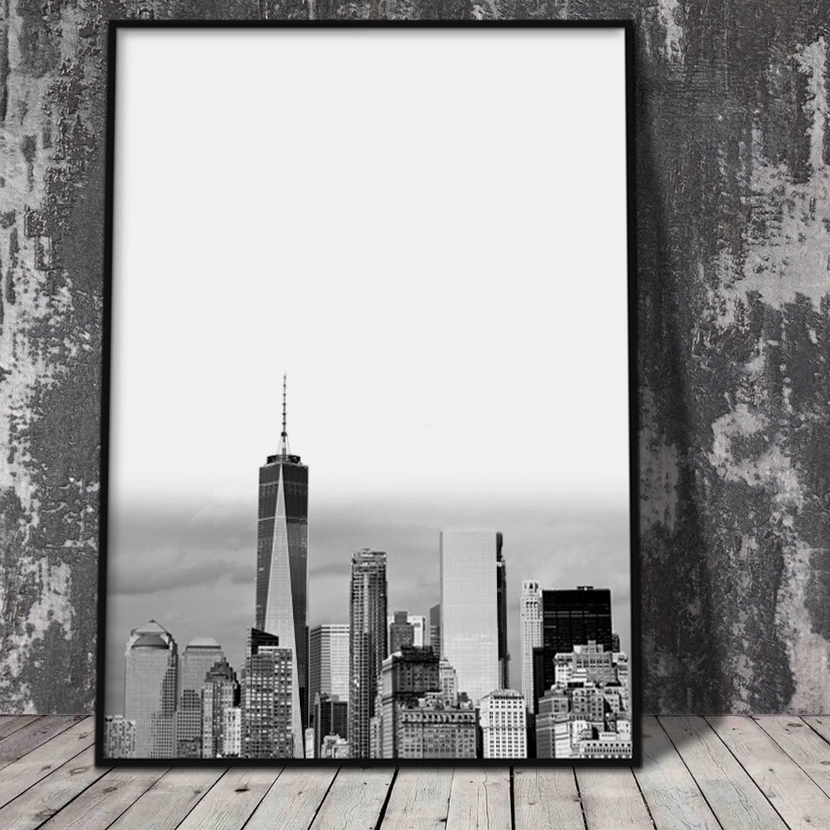 byplakat med New York City skyline i sort-hvid
