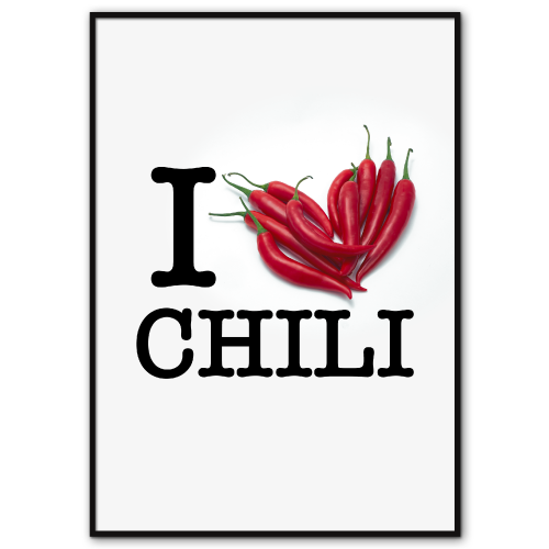 chili plakat med teksten "I love chili" og røde chilier