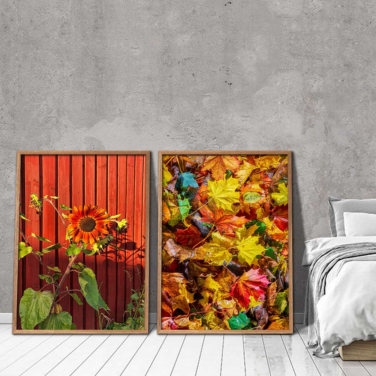 to fotokunst plakater med farverige billeder af blomster og blade