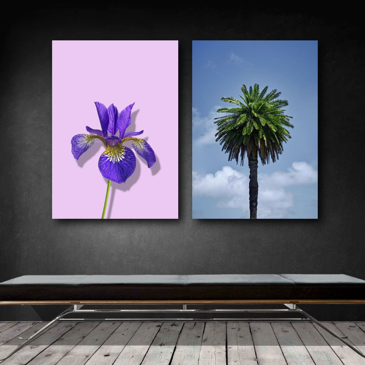 to fotokunst plakater med en lilla iris og et grønt palme træ