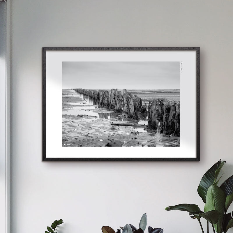 Fotokunst med sort-hvid danmarkplakat fra Vadehavet