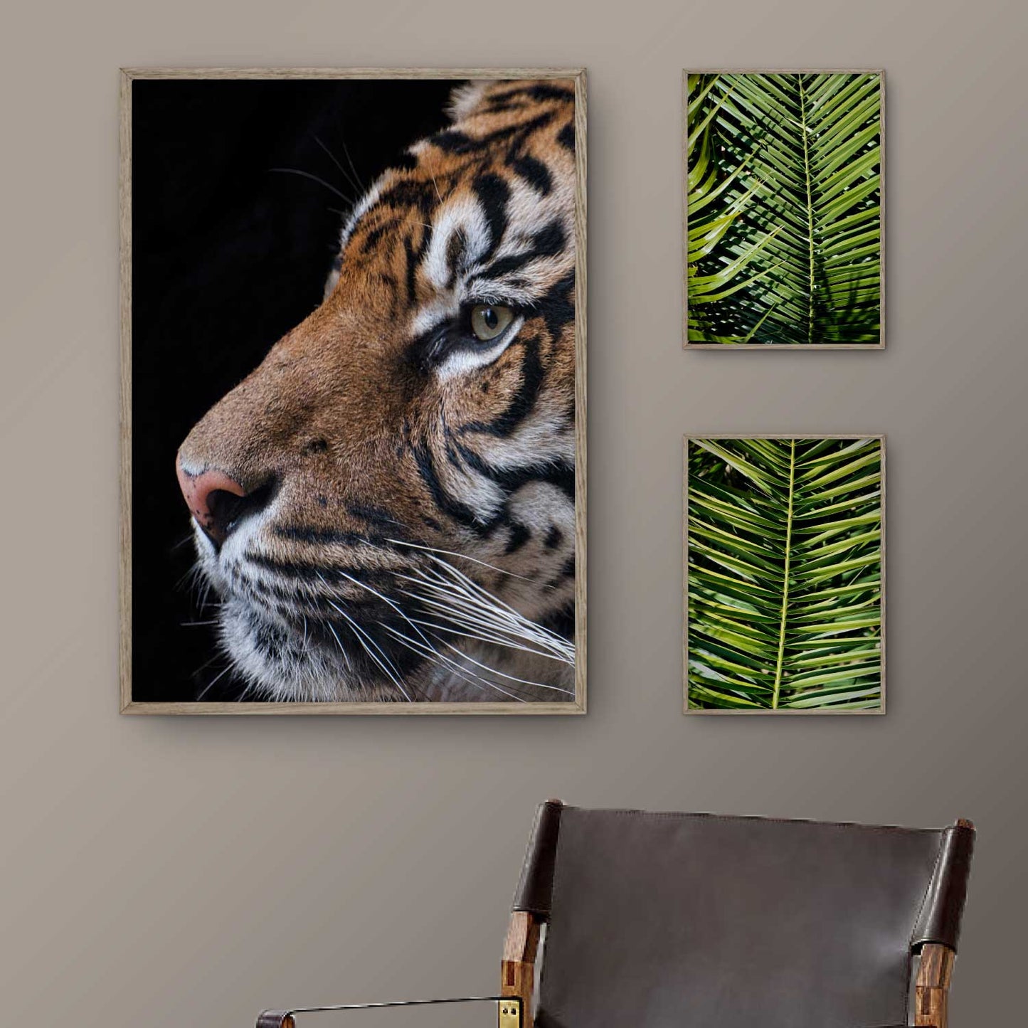 billedvæg med en tigerplakat og to palme plakater