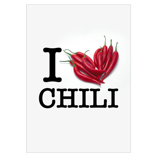 køkken plakat med chili og teksten "i love chili"