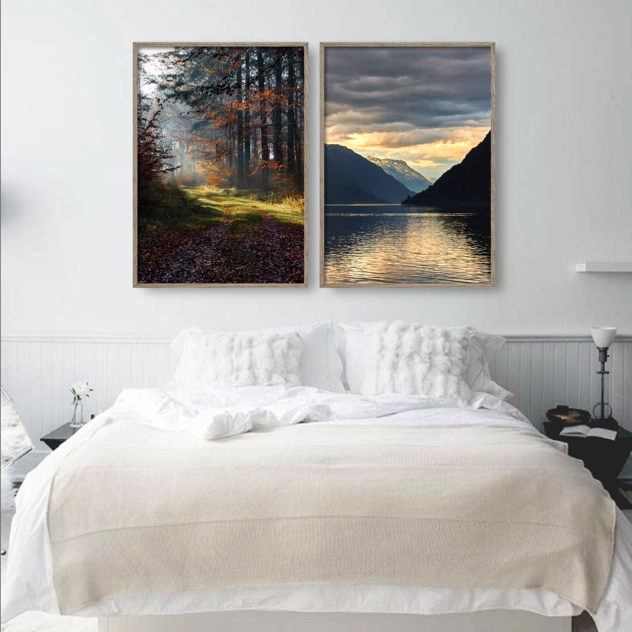 to natur plakater med skovmotiv og hav og bjerg motiv