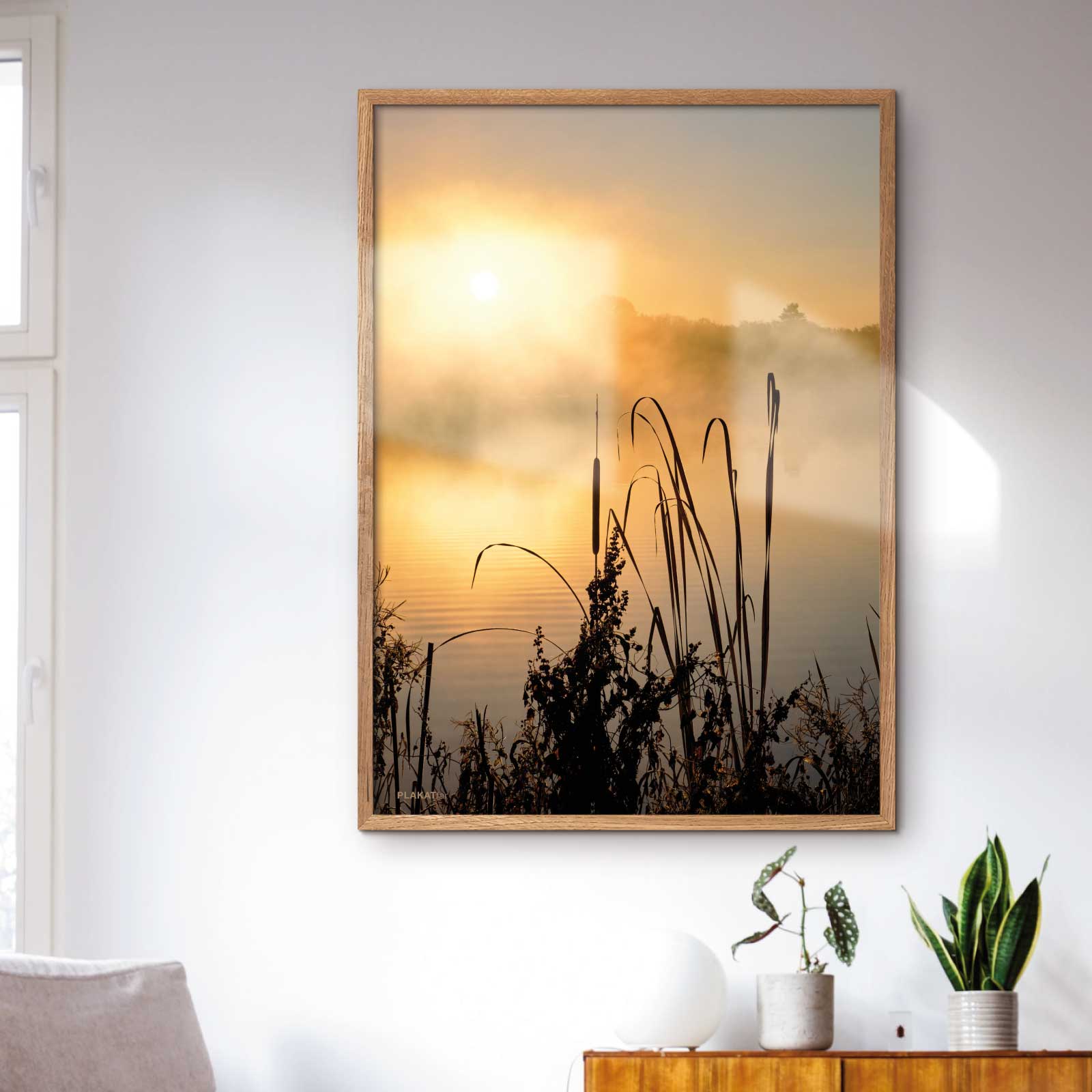 Nature poster with bulrush in sunset