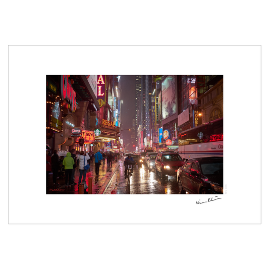 New York plakat med neonlys og regnvejr på 42nd Street