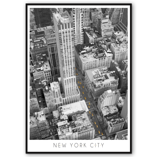 sort-hvid new york plakat luftfoto med gule taxaer