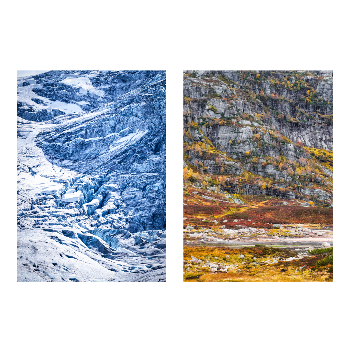 plakatsæt med abstrakte naturbilleder af gletscher og klippeside
