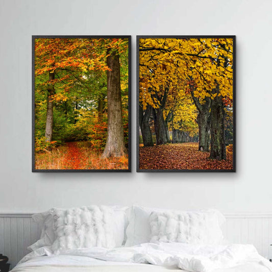 plakatsæt med gule efterårsbilleder af træer i skoven