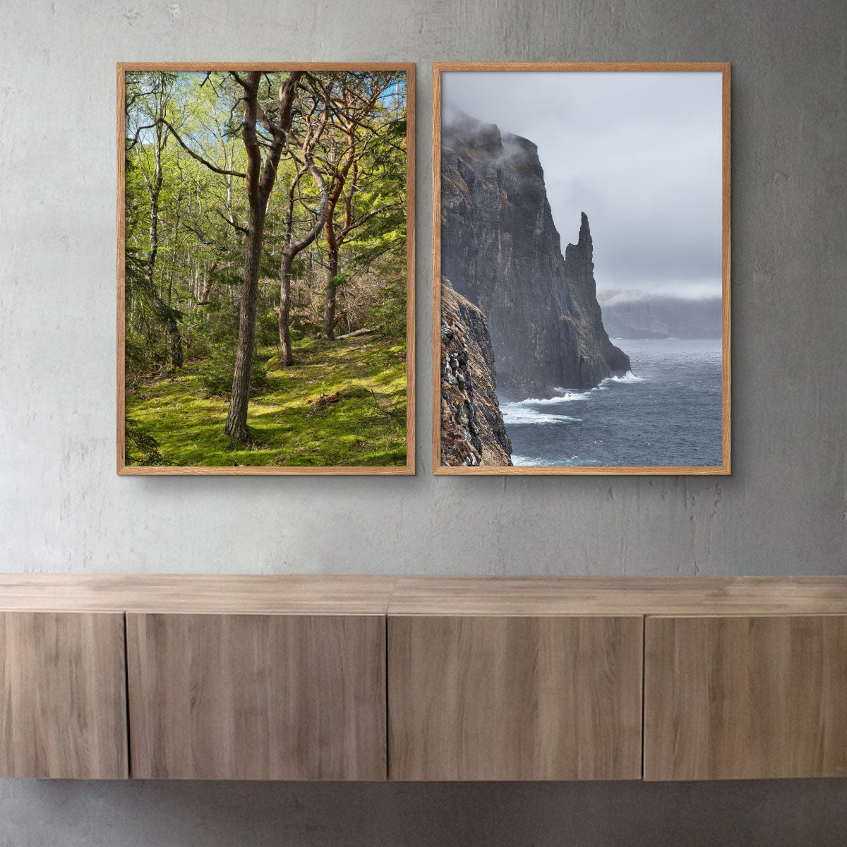 Plakatsæt med skov og hav i en eventyrlig atmosfære