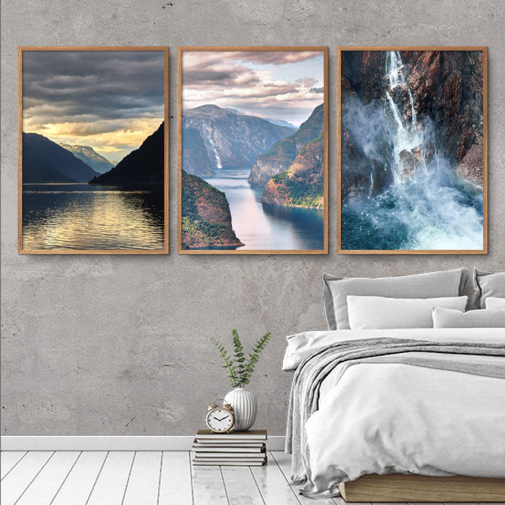 tre flotte plakater med norske natur motiver