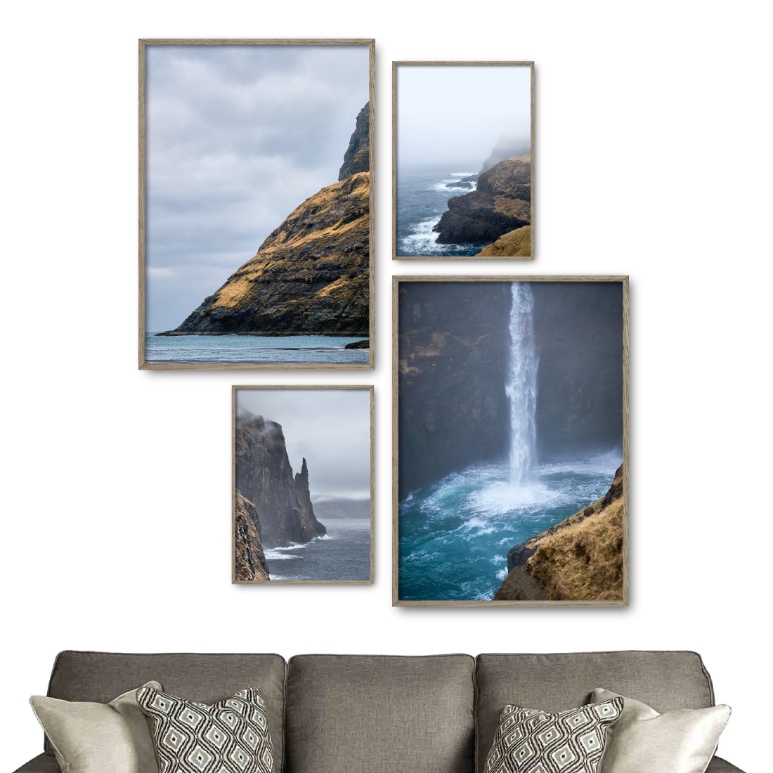 plakatvæg med fire færøerne plakater der hænger over en sofa