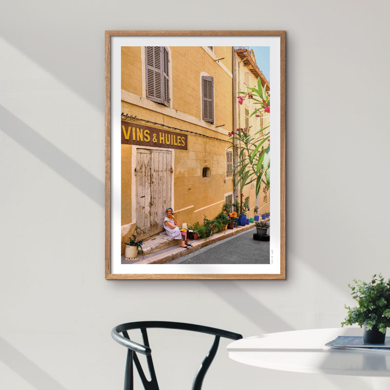 Provence poster with "Vins et Huile" sign in Marseille