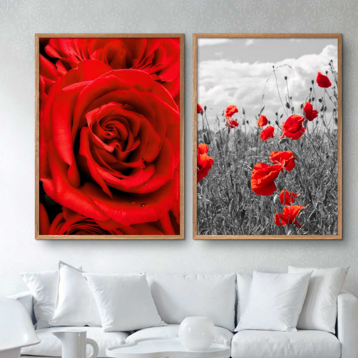 et sæt blomsterplakater med røde roser og røde valmuer