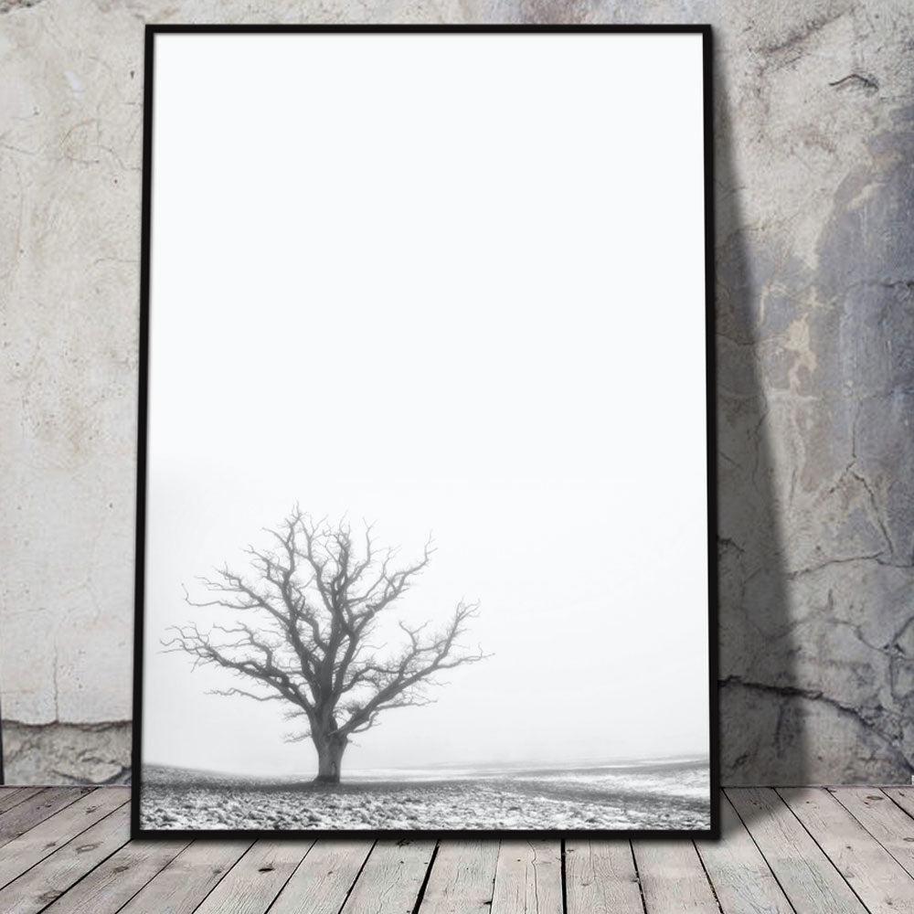 sort-hvid danmarkplakat med lille træ står op af en væg