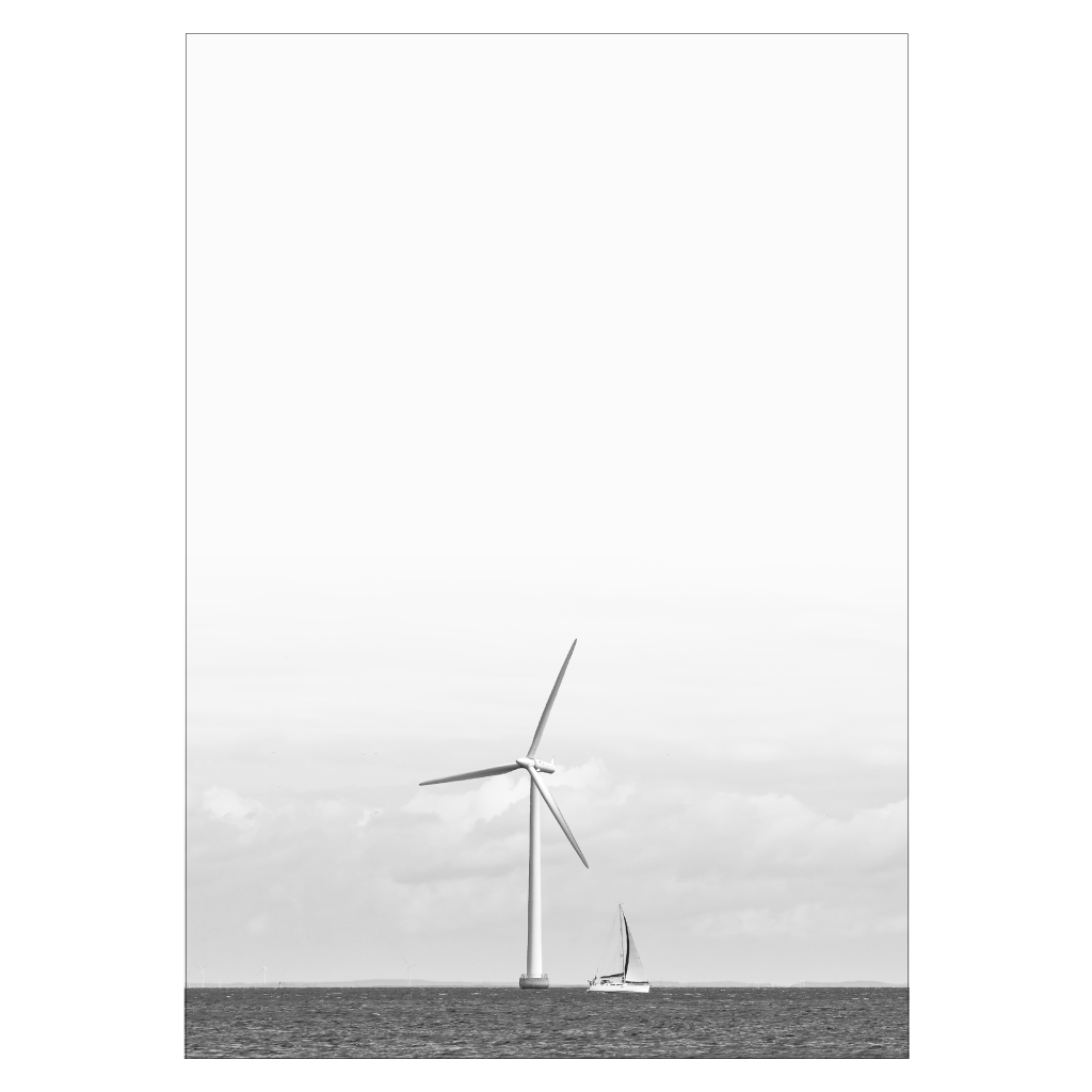 sort-hvid plakat med vindmølle og sejlbåd på havet