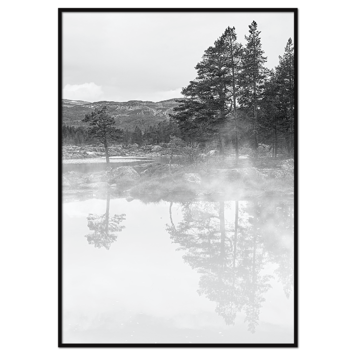sort-hvid fotokunst plakat med spejlinger i en blikstille vandoverflade