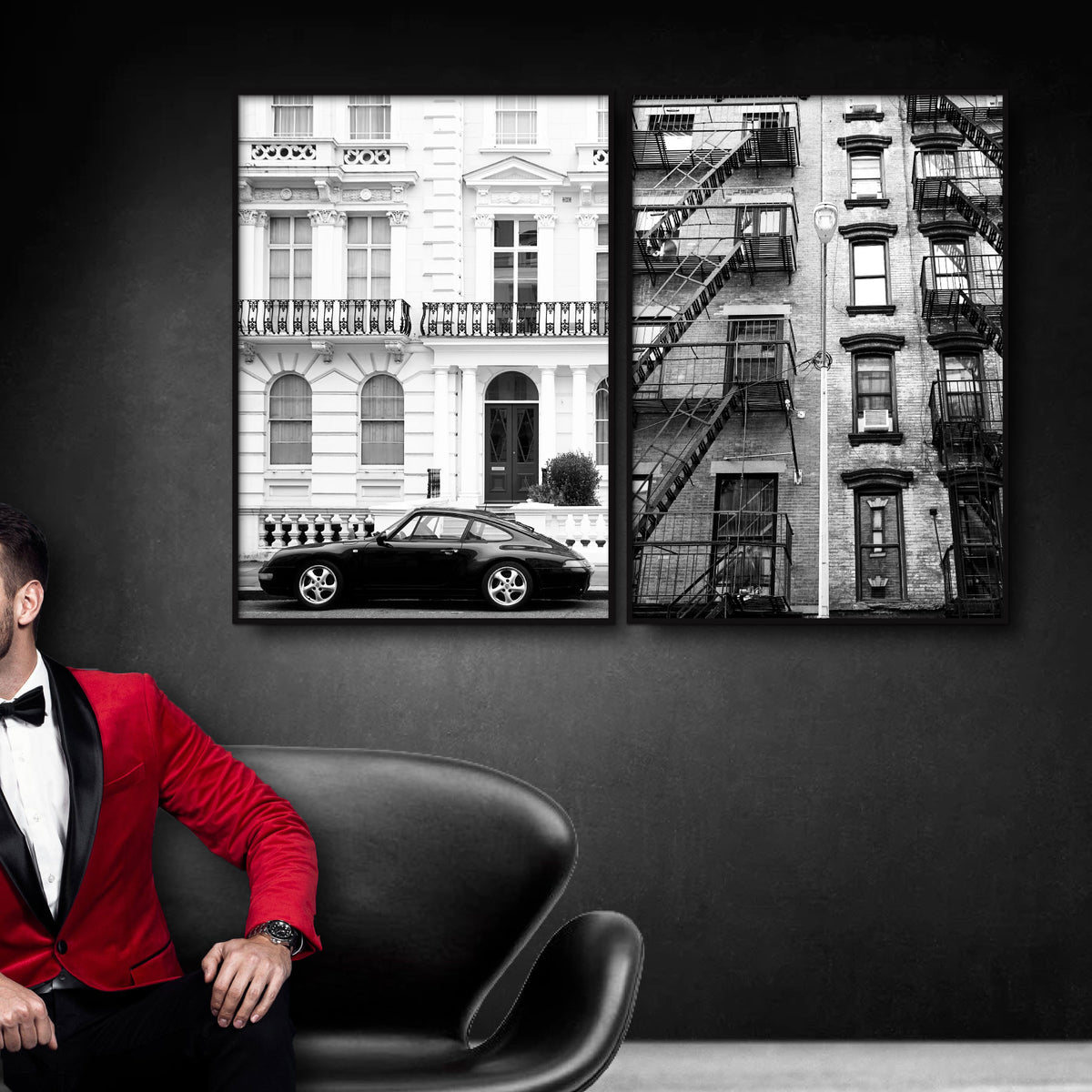 sort-hvide byplakater hængt på en sort væg