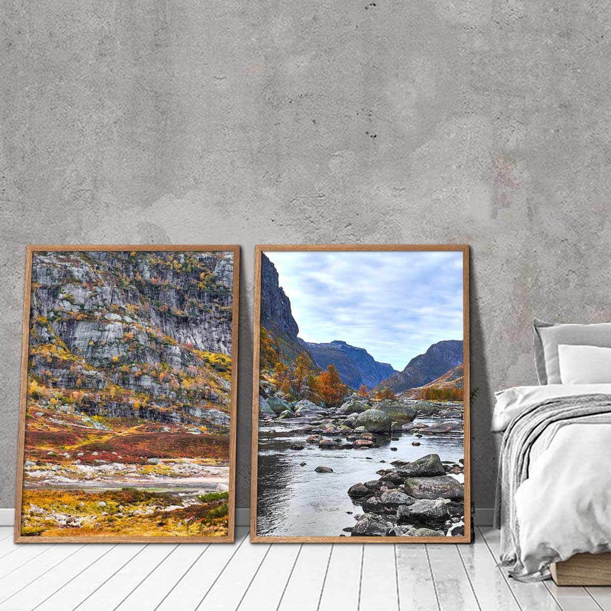to indrammede billeder med norske fjelde i efterårsfarver
