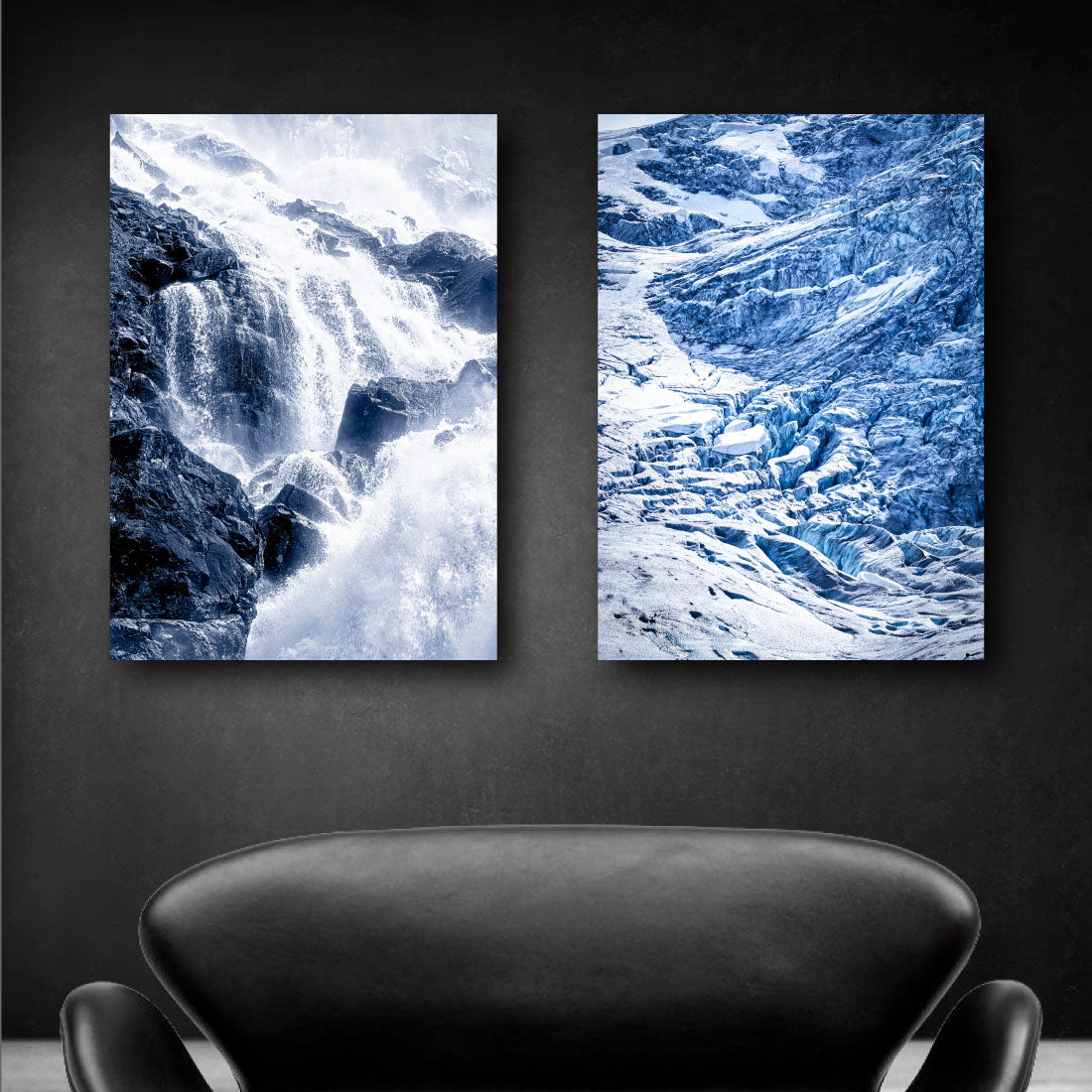 2 blå plakater med norge motiver af vandfald og gletscher is