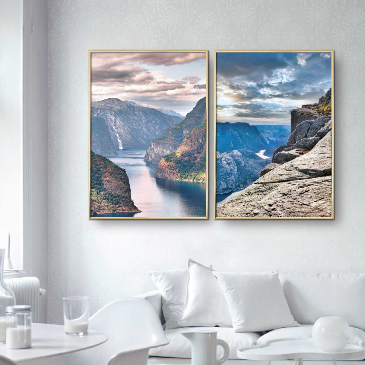 To plakater med norske naturbilleder af Aurland Fjorden og Prædikestoeln
